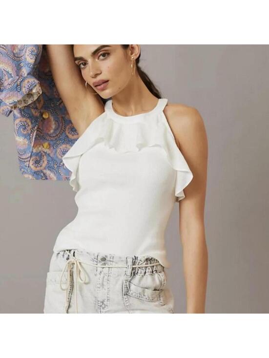 Anthropologie Tops - Maeve Anthropologie White Ribbed Ruffle Halter Tank Small